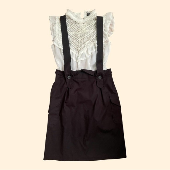 Cargo Pocket Black Pencil Skirt Suspenders Jumper size small/6 buttons academia - Picture 2 of 9